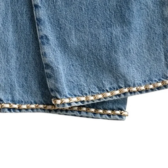 CHANEL 23N COCO NEIGE BLUE STRAIGHT JEANS WITH WHITE LEATHER CHAIN TRIMS SIZE 36 - Picture 8 of 16